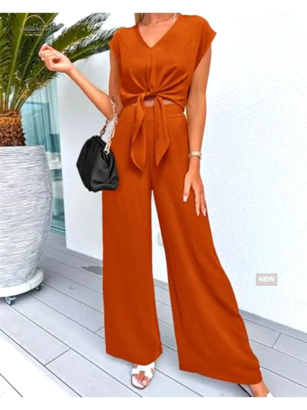 Women's 2 Piece Pant Set V Neck Crop Top Wide Leg Palazzo Pants - Picture 2 of 7